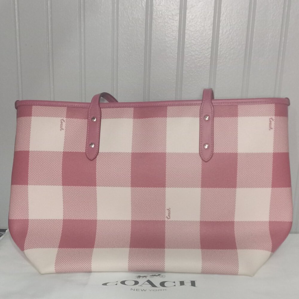 Coach City Red Buffalo Plaid Print PVC & Leather Zip Top Tote - Picture 15 of 15